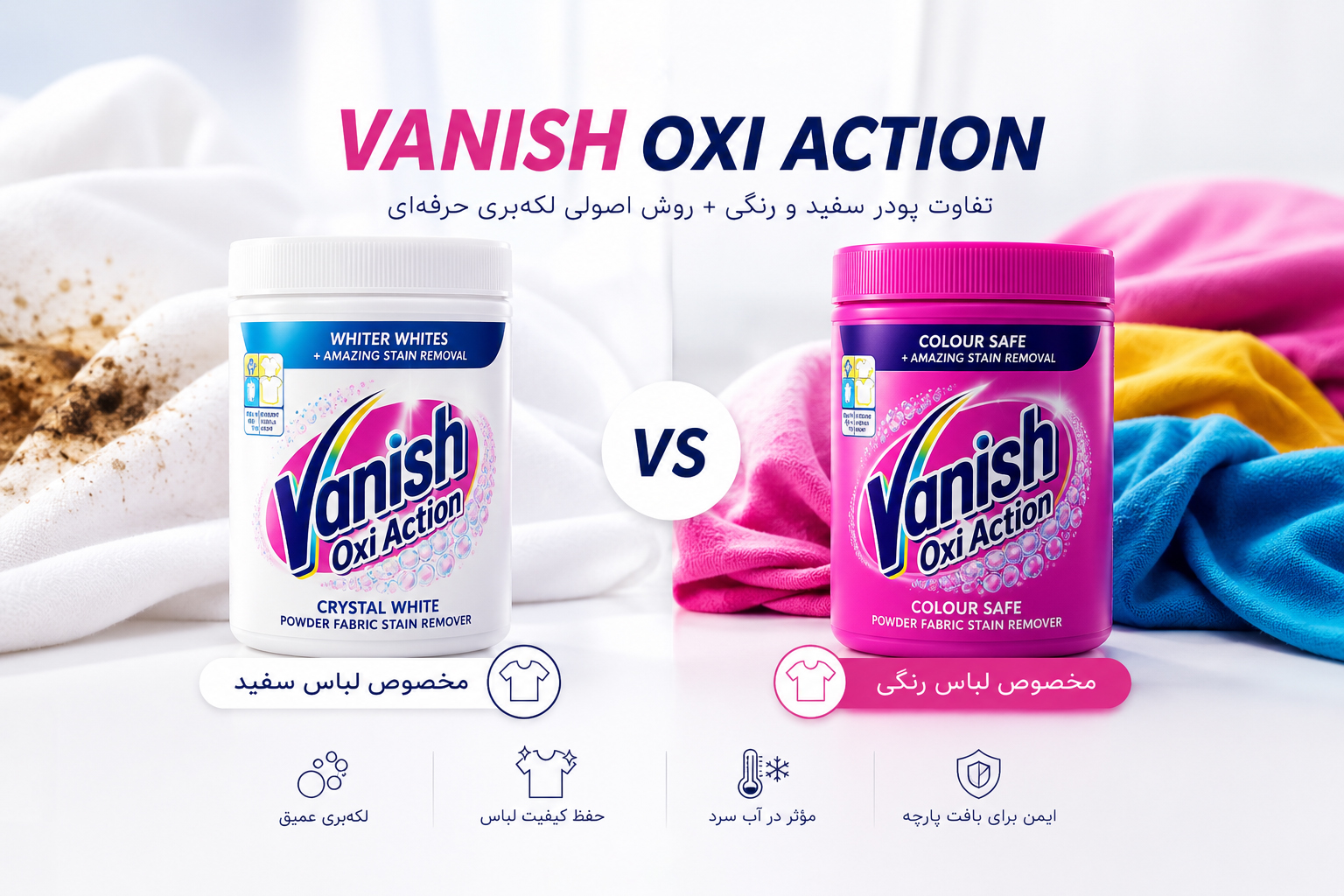 راهنمای کامل Vanish Oxi Action | تفاوت مدل سفید و رنگی + روش استفاده