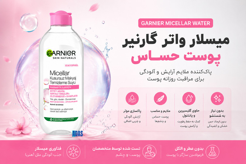 میسلار واتر گارنیر پوست حساس؛ پاککننده ملایم آرایش و آلودگی برای مراقبت روزانه پوست