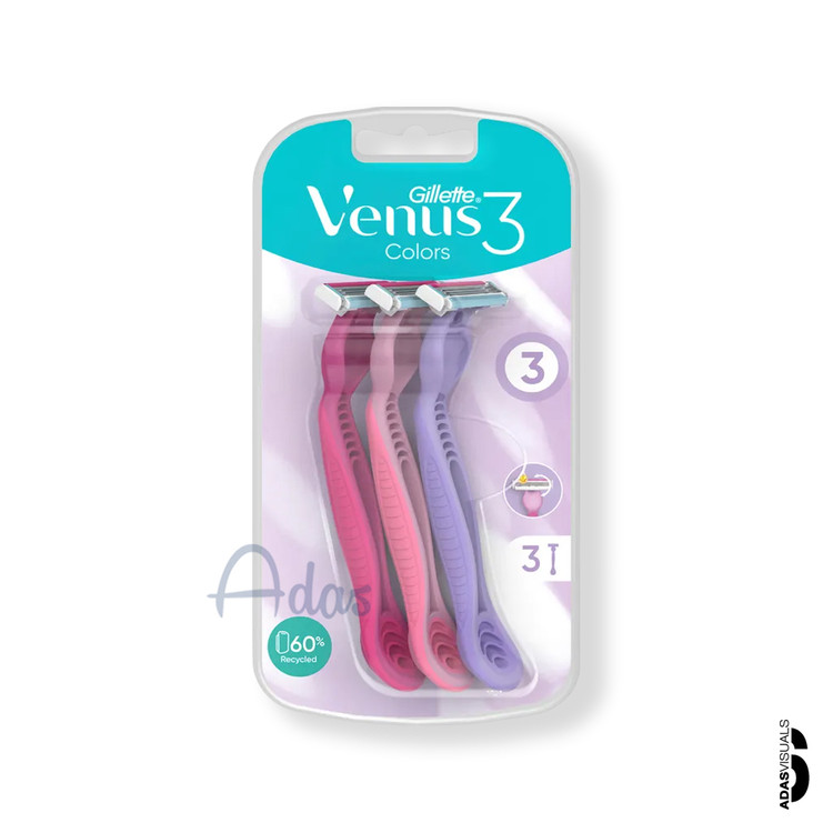 خودتراش زنانه Venus3 ژیلت | 3 تیغه با ۳ رنگ متنوع بسته ۳ عددی